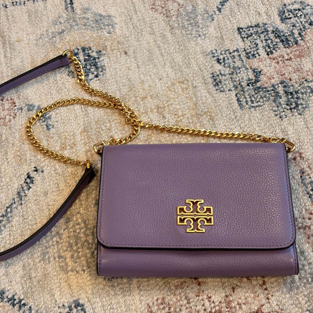 Tory Burch Britten Wallet on Chain Purple‎ Pebbled Leather Crossbody Bag Gold HW